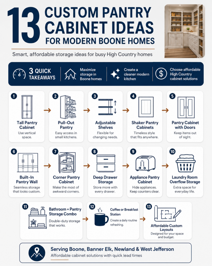 13 Custom Pantry Cabinet Ideas for Modern Boone Homes Infographic | Cabinet Revolution in Boone, NC