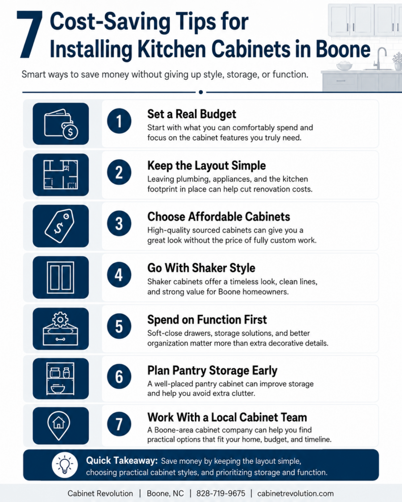 7 Cost-Saving Tips for Installing Kitchen Cabinets in Boone Infographic | Cabinet Revolution in Boone, NC
